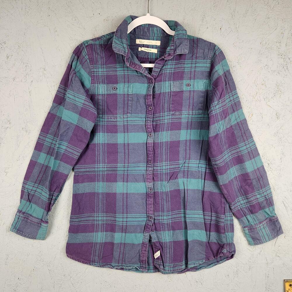Woolrich Shirt Womens Small Purple Teal Plaid Pemberton Flannel Button Front